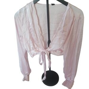 Windsor Pink Satin Long Sleeve Tie Front Crop‎ Top Blouse Shirt L